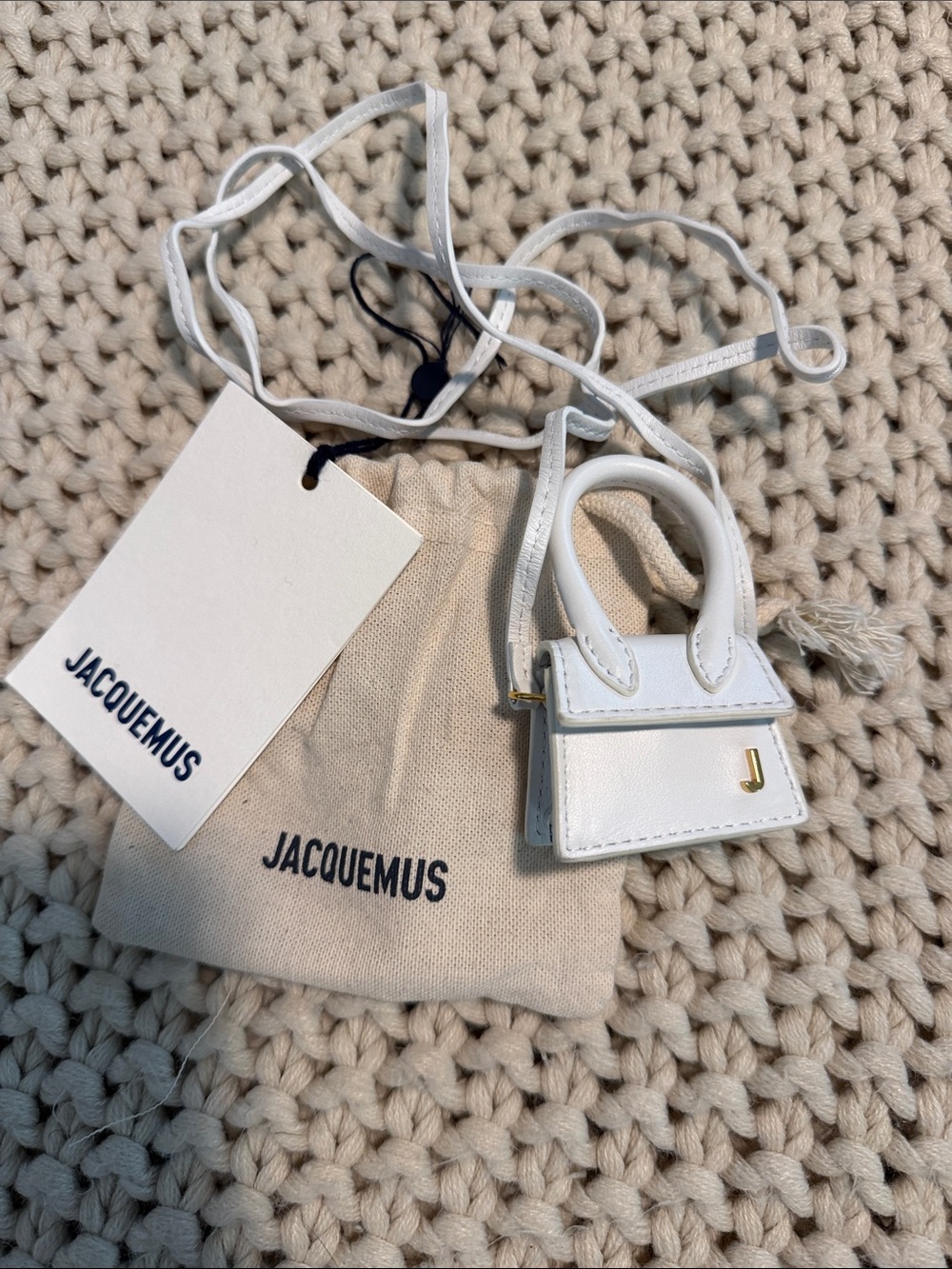 Jacquemus White Mini Le Chiquito Necklace Bag Charm with Gold 'J'